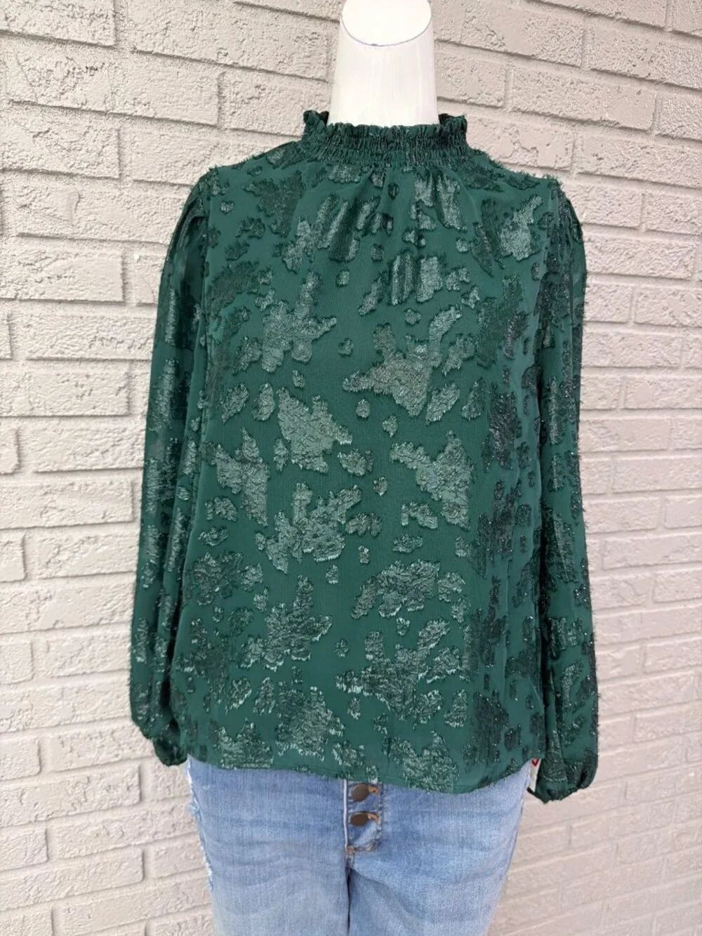 Melloday Ruffle Neck Long Sleeve Hunter Green Lace Blouse Size S